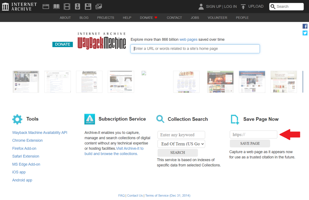 Internet Archive Wayback Machine Home Page with a red arrow pointing at "Save Page Now" box.