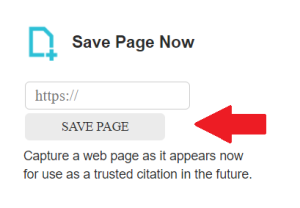 Internet Archive Wayback Machine Home Page with a red arrow pointing at "Save Page Now" button.