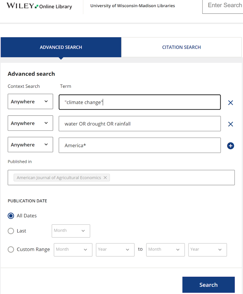 Wiley Online Library database search interface