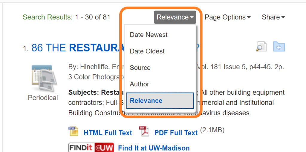 Database search results sorted by Relevance