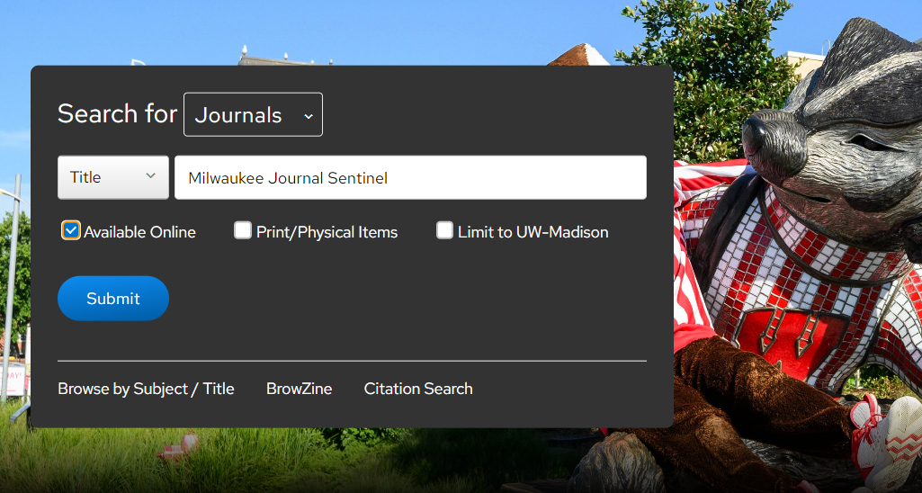 Libraries search interface with Journals selected