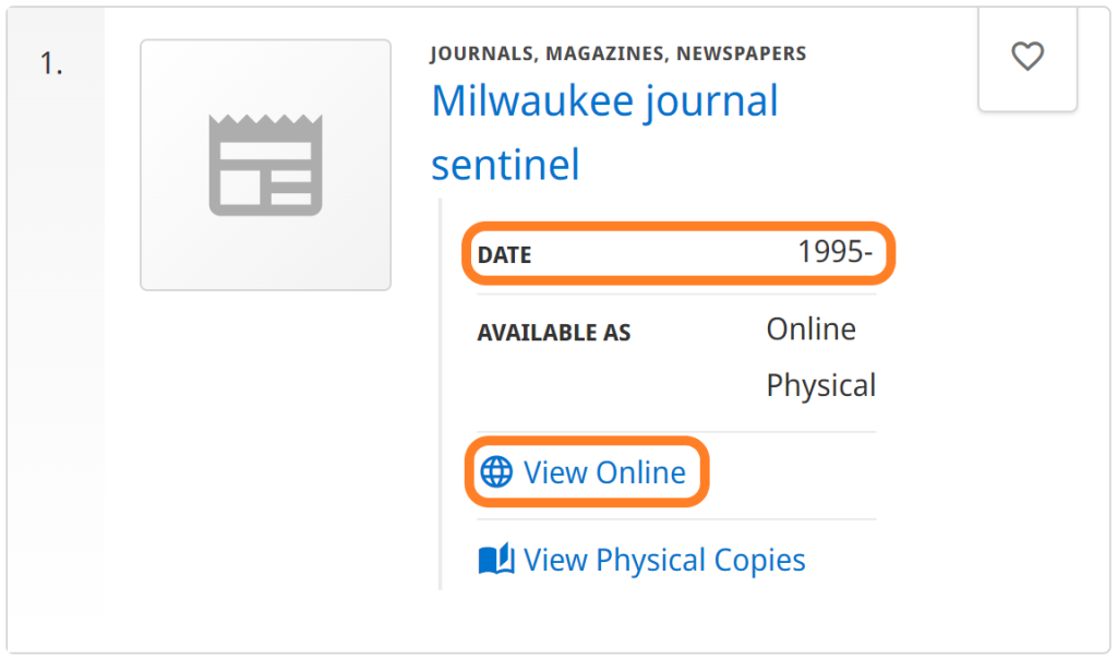 Milwaukee Journal Sentinel Libraries info page with date and View Online circled in orange