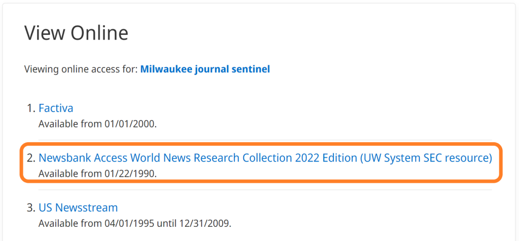 Database View Online options, with Newsbank Access World News option outlined in orange