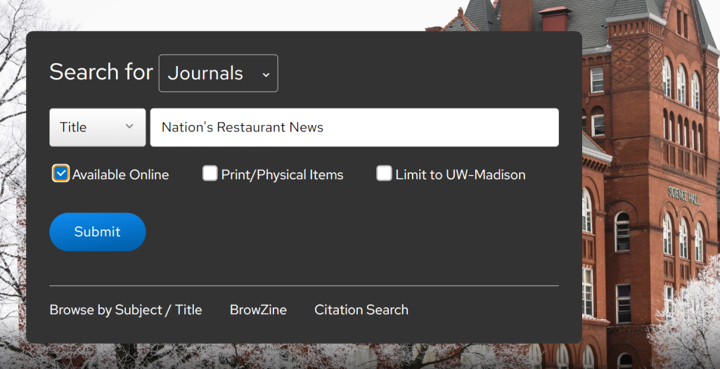 Libraries search interface with Journals selected