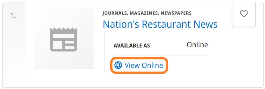 Record page for Nation's Restaurant News with View Online button outlined in orange