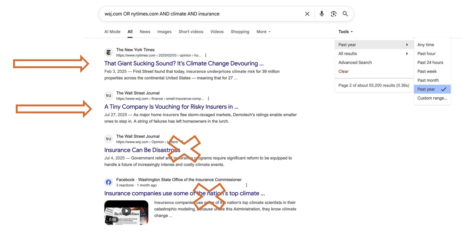 Image of search results for the WSJ and NYT search, accepting articles from these sites but avoiding those in Facebook.