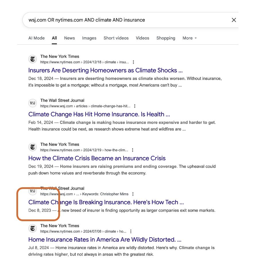 Image of a search engine result page based on the search: wsj.come OR nytimes.com AND climate AND insurance