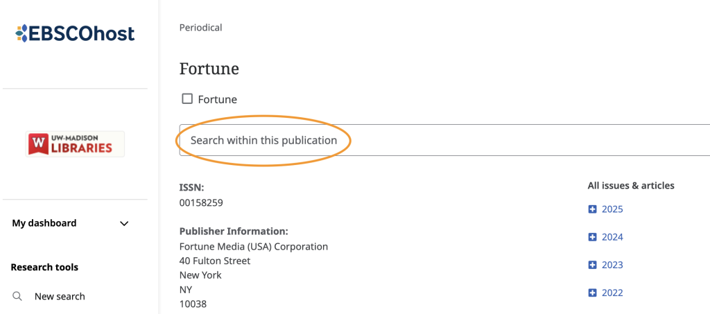 Search within box for Ebsco database, using Fortune Magazine as an example.