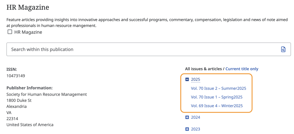 Image of journal publication page in a database with issue options highlighted by an orange box