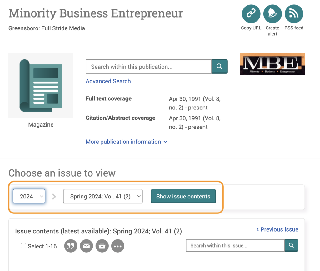 Image of journal publication page in a database with issue options highlighted by an orange box
