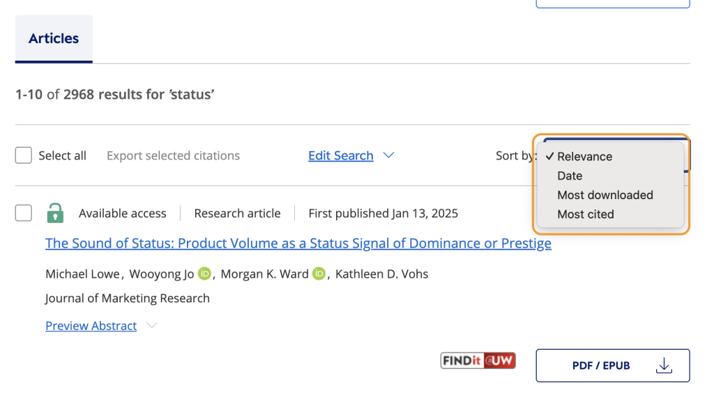 Options for sorting search results, with relevance checked
